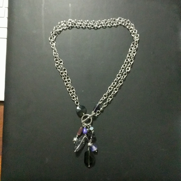 Silver Tone Front Toggle Blue and Purple Beaded Dangle Statement Necklace - Picture 1 of 2
